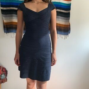 Navy Herve Leger Mini Fit and Flare Dress with Cold Shoulder